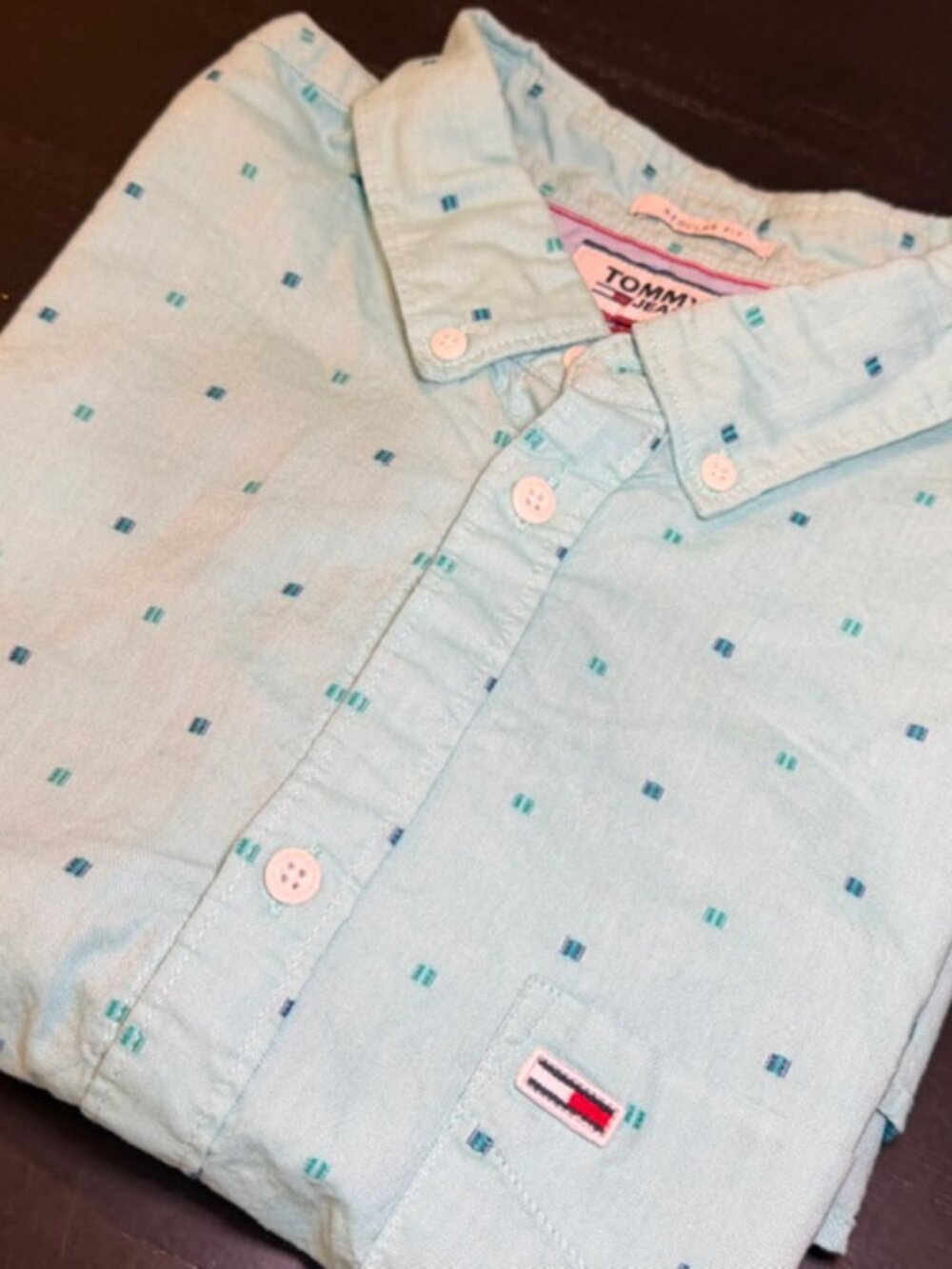 Tommy Jeans Button Up Shirt XL Mint Green Pattern Short Sleeve Regular Fit